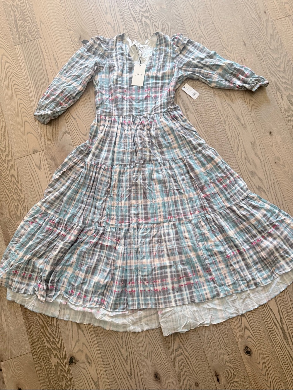 Joie Light Blue Plaid Tiered Long Sleeve Dress with Pink Accents